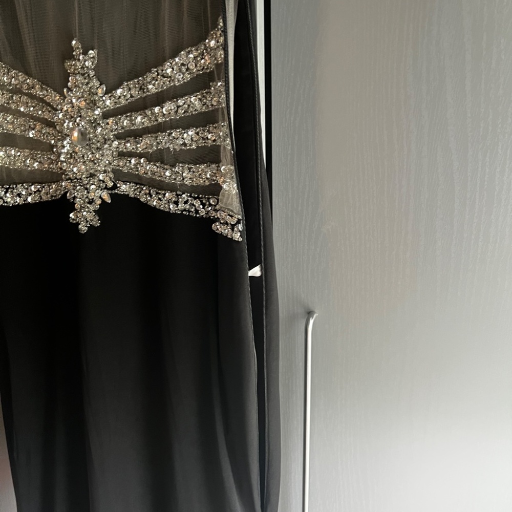 Black and silver open back long dress